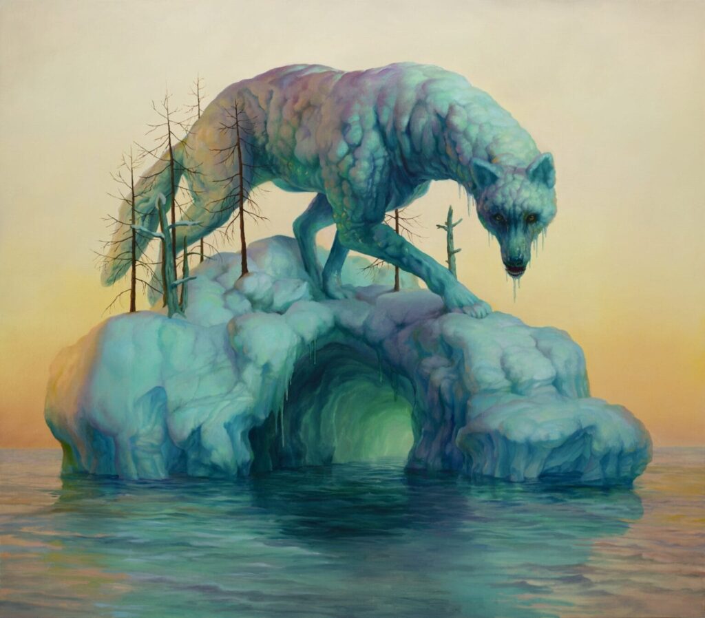 The artist often depicts animals in somber settings.