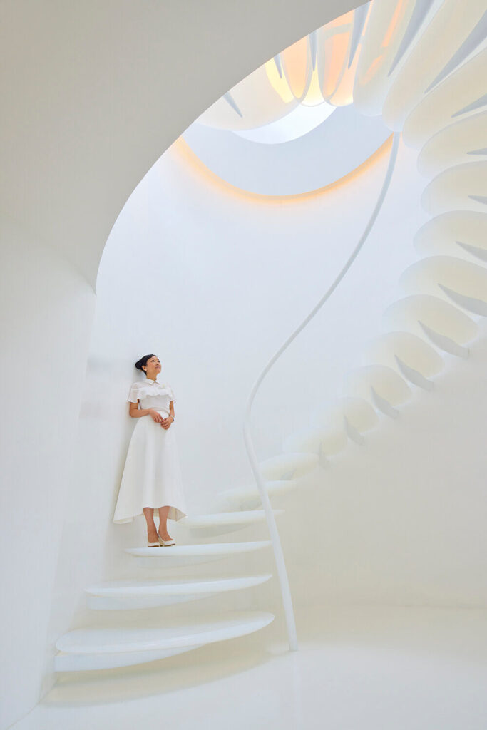 Artist Mariko Mori reflecting within her own creation, Yuputira House.