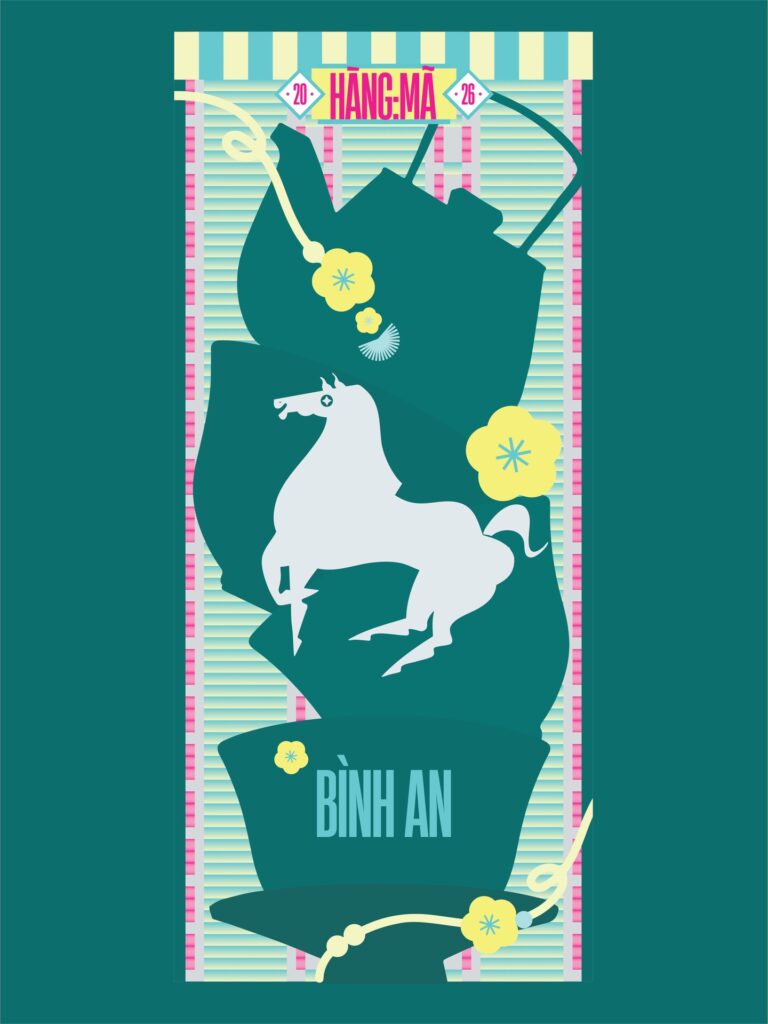 Gam màu xanh trẻ trung tôn vinh nét vẽ cách điệu từ hình ảnh ấm chén và linh vật Ngựa Bính Ngọ. 