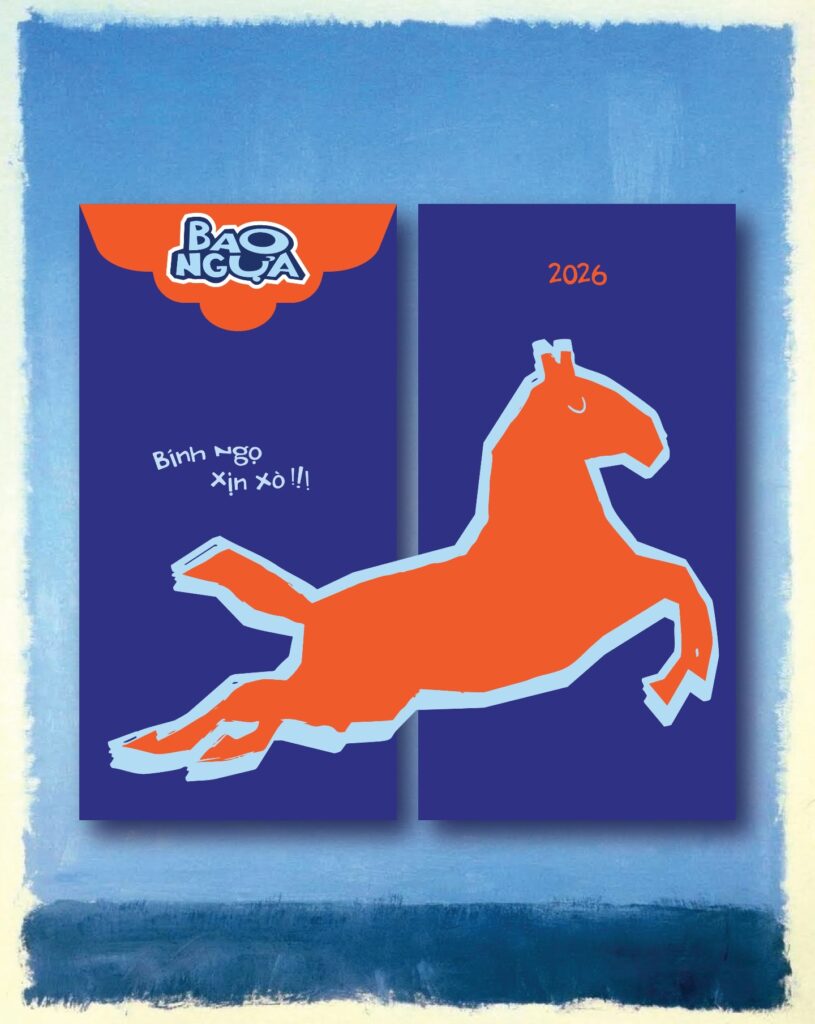 Một chiếc "Bao Ngựa" cho năm mới "bao vui" – Lời chúc hóm hỉnh hiện diện trên gam màu xanh - cam hiện đại.